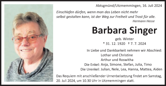 Traueranzeige von Barbara Singer von Schwäbische Post
