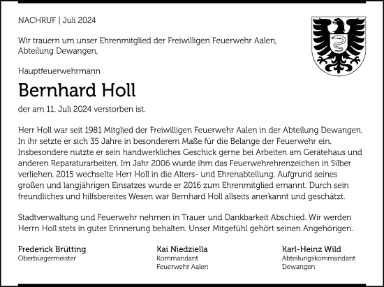 Traueranzeige von Bernhard Holl von Schwäbische Post