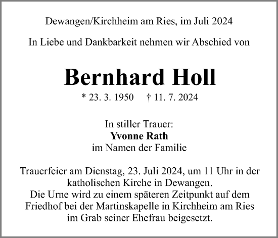 Traueranzeige von Bernhard Holl von Schwäbische Post