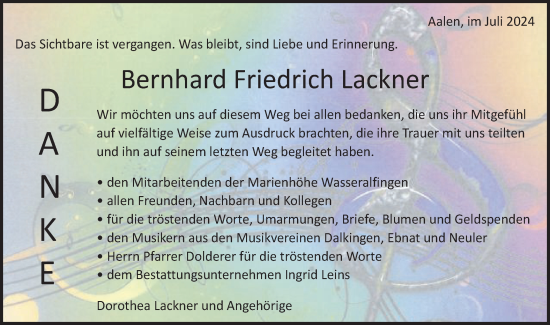 Traueranzeige von Bernhard Friedrich Lackner von Schwäbische Post