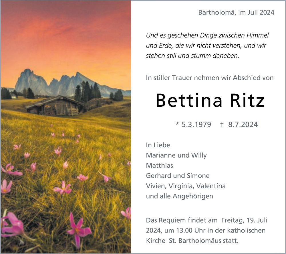  Traueranzeige für Bettina Ritz vom 16.07.2024 aus Gmünder Tagespost