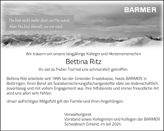 Traueranzeige von Bettina Ritz von Gmünder Tagespost