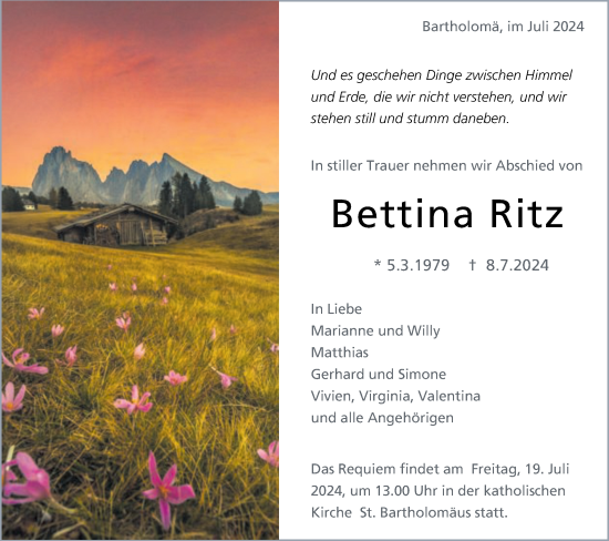 Traueranzeige von Bettina Ritz von Gmünder Tagespost