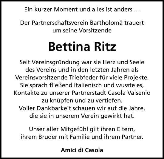Traueranzeige von Bettina Ritz von Gmünder Tagespost