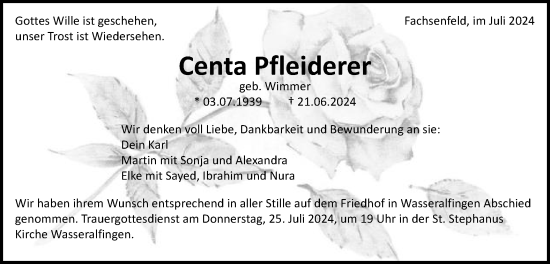 Traueranzeige von Centa Pfleiderer von Schwäbische Post
