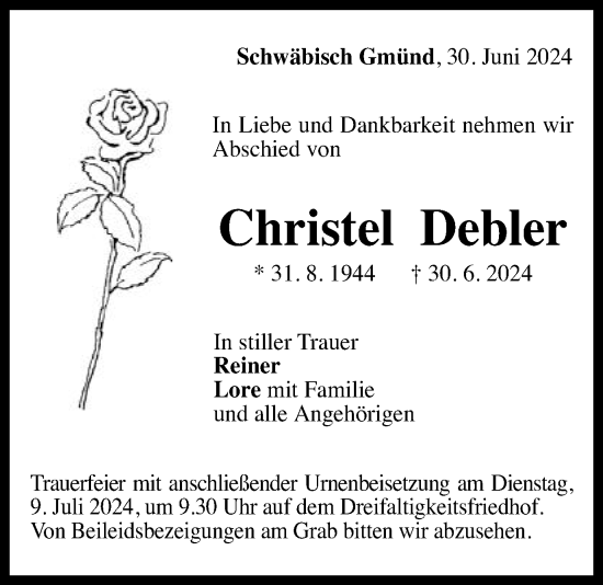 Traueranzeige von Christel Debler von Gmünder Tagespost