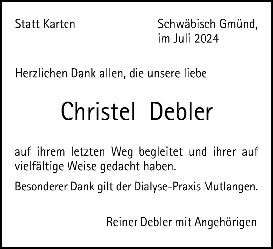 Traueranzeige von Christel Debler von Gmünder Tagespost