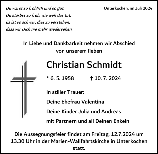 Traueranzeige von Christian Schmidt von Schwäbische Post