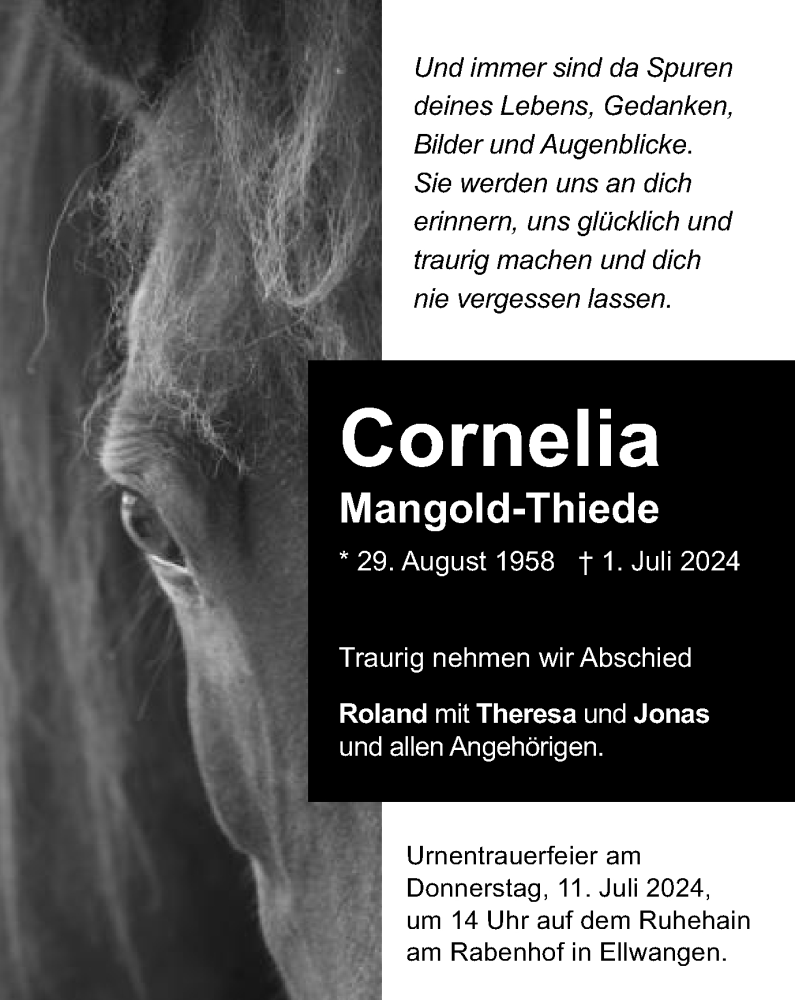  Traueranzeige für Cornelia Mangold-Thiede vom 06.07.2024 aus Schwäbische Post