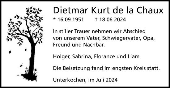 Traueranzeige von Dietmar Kurt de la Chaux von Schwäbische Post