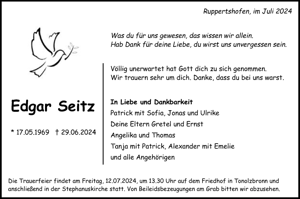  Traueranzeige für Edgar Seitz vom 10.07.2024 aus Gmünder Tagespost