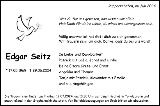 Traueranzeige von Edgar Seitz von Gmünder Tagespost