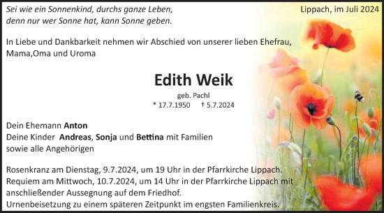 Traueranzeige von Edith Weik von Schwäbische Post
