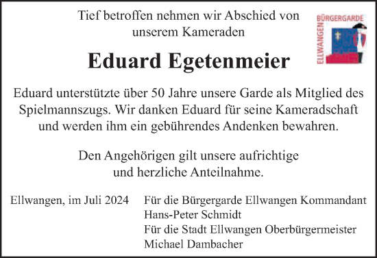 Traueranzeige von Eduard Egetenmeier von Schwäbische Post