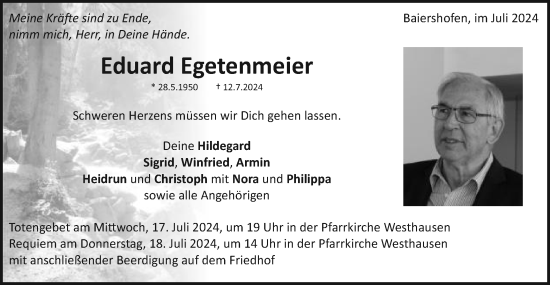 Traueranzeige von Eduard Egetenmeier von Schwäbische Post
