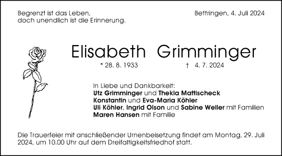 Traueranzeige von Elisabeth Grimminger von Gmünder Tagespost
