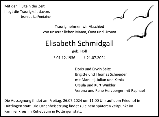 Traueranzeige von Elisabeth Schmidgall von Schwäbische Post