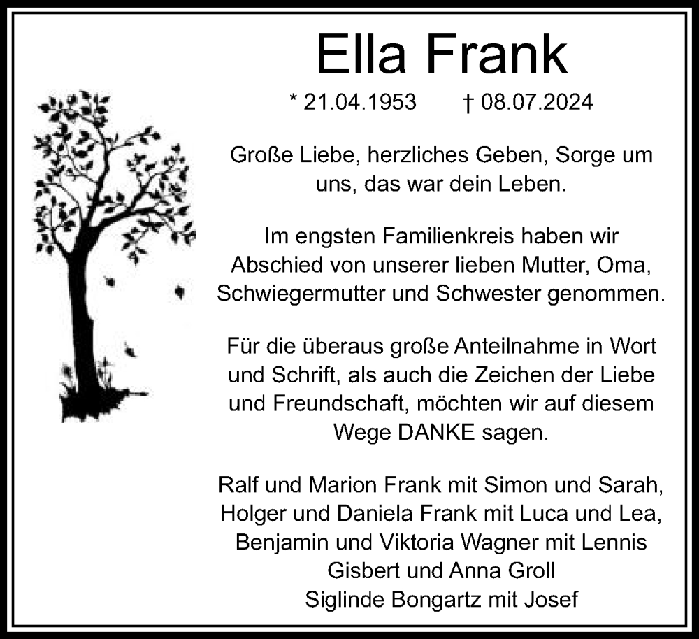 Traueranzeige für Ella Frank vom 30.07.2024 aus Gmünder Tagespost