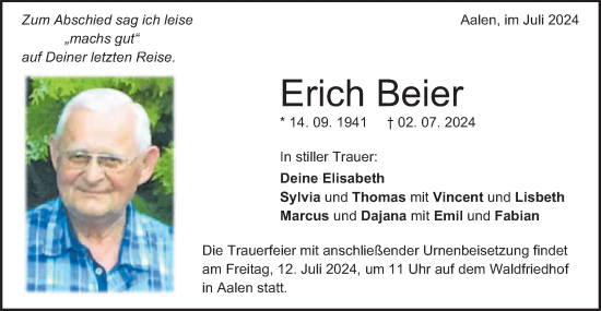 Traueranzeige von Erich Beier von Schwäbische Post