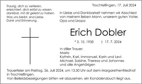 Traueranzeige von Erich Dobler von Schwäbische Post