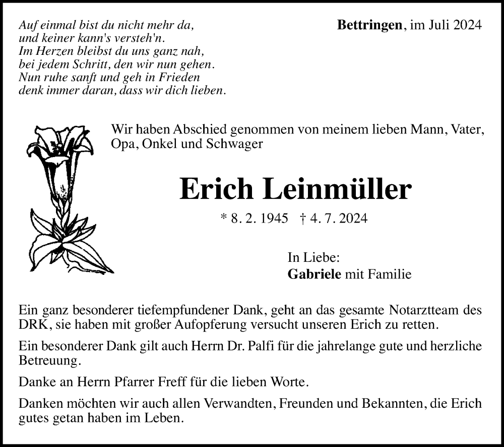  Traueranzeige für Erich Leinmüller vom 17.07.2024 aus Gmünder Tagespost