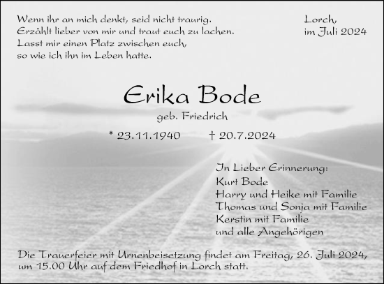 Traueranzeige von Erika Bode von Gmünder Tagespost