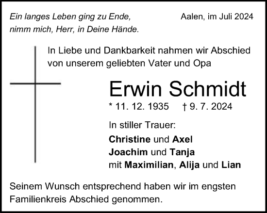 Traueranzeige von Erwin Schmidt von Schwäbische Post