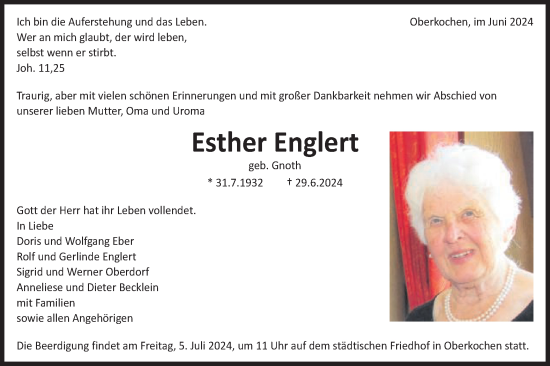 Traueranzeige von Esther Englert von Schwäbische Post
