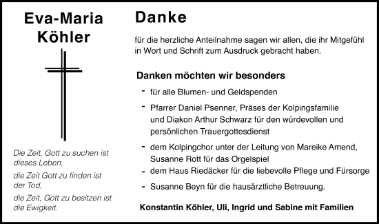 Traueranzeige von Eva-Maria Köhler von Gmünder Tagespost