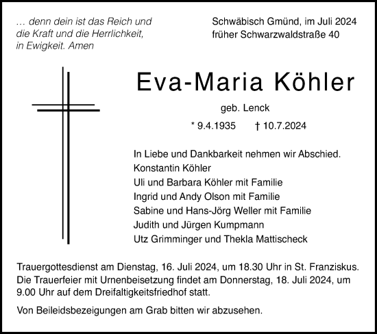 Traueranzeige von Eva-Maria Köhler von Gmünder Tagespost