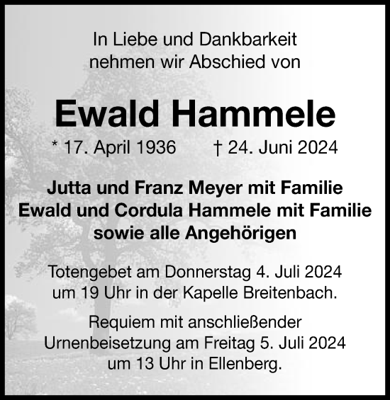 Traueranzeige von Ewald Hammele von Schwäbische Post