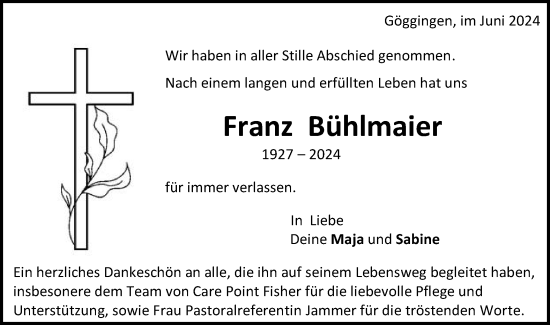 Traueranzeige von Franz Bühlmaier von Gmünder Tagespost