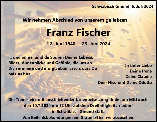 Traueranzeige von Franz Fischer von Gmünder Tagespost
