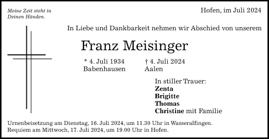 Traueranzeige von Franz Meisinger von Schwäbische Post