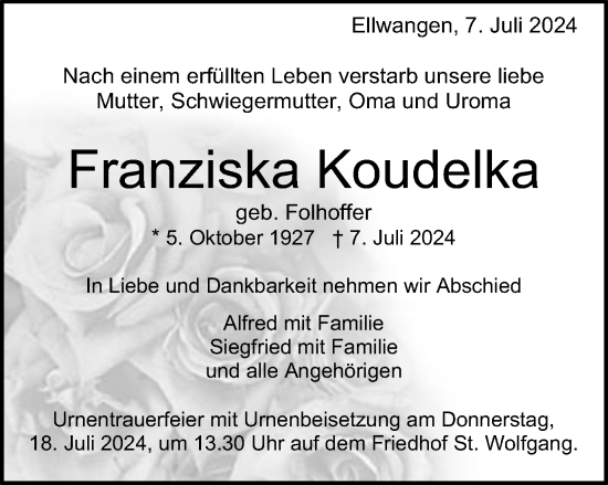 Traueranzeige von Franziska Koudelka von Schwäbische Post