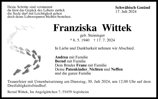 Traueranzeige von Franziska Wittek von Gmünder Tagespost