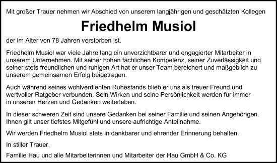 Traueranzeige von Friedhelm Musiol von Schwäbische Post