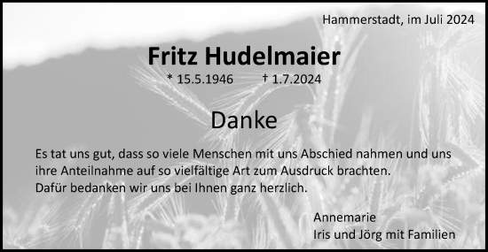 Traueranzeige von Fritz Hudelmaier von Schwäbische Post