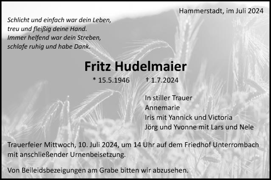 Traueranzeige von Fritz Hudelmaier von Schwäbische Post