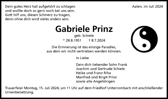 Traueranzeige von Gabriele Prinz von Schwäbische Post