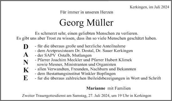 Traueranzeige von Georg Müller von Schwäbische Post