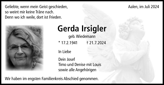 Traueranzeige von Gerda Irsigler von Schwäbische Post