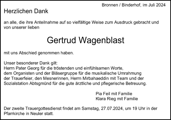Traueranzeige von Gertrud Wagenblast von Schwäbische Post