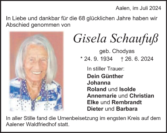 Traueranzeige von Gisela Schaufuß von Schwäbische Post