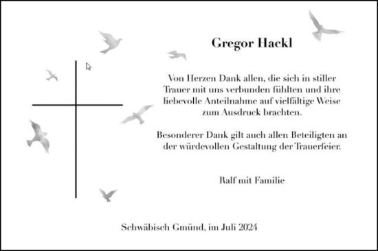 Traueranzeige von Gregor Hackl von Gmünder Tagespost