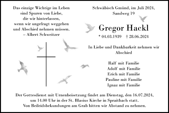 Traueranzeige von Gregor Hackl von Gmünder Tagespost