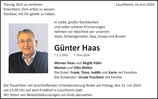 Traueranzeige von Günter Haas von Schwäbische Post