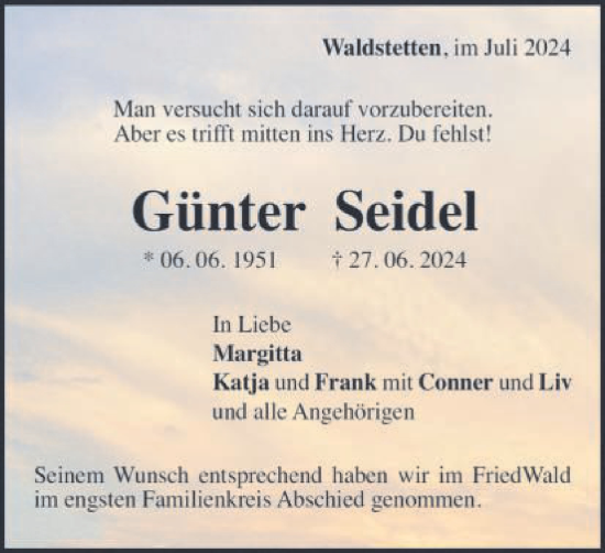 Traueranzeige von Günter Seidel von Gmünder Tagespost