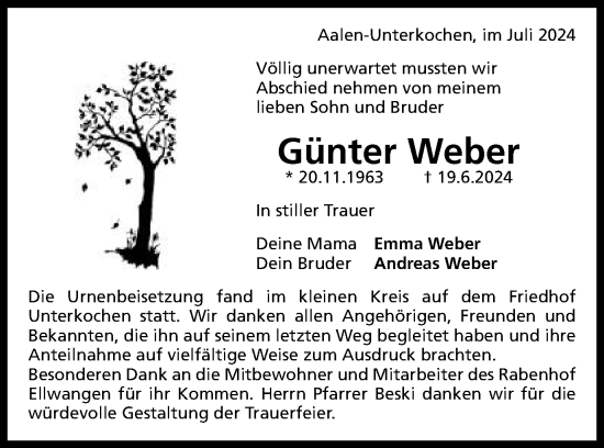 Traueranzeige von Günter Weber von Schwäbische Post