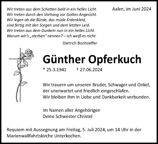 Traueranzeige von Günther Opferkuch von Schwäbische Post